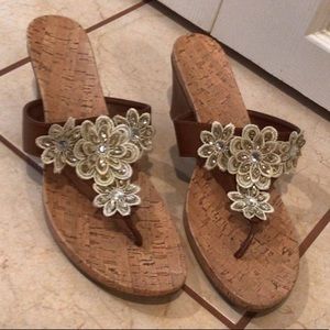 Sparkly floral wedge flip flops